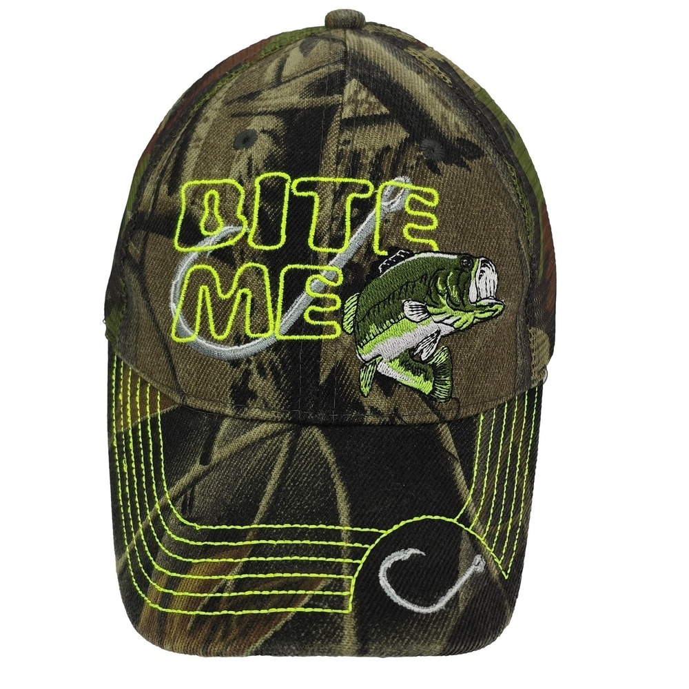 Men's Camo Fishing Hat Bass BITE ME Neon Green Embroidered Snapback‎ Cap Outdoor